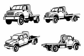 Four Flatbed Trucks: Black and White Vector Illustration