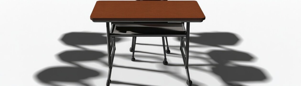 A simple wooden school desk with a chair, casting shadows on a white background.