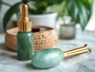 green jade roller and a serum bottle, soft light and a woven basket give a natural and peaceful...