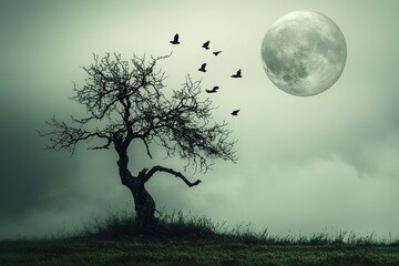 Lonely Tree Under a Full Moon on a Misty Night