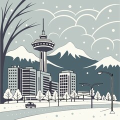 Snowy Cityscape with Tower and Mountains: Winter Urban Scene