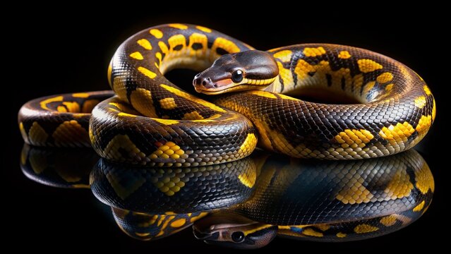 Coiled Glossy Black and Yellow Python Stock Photo - Reptile Wildlife Image