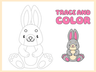 Trace and color coloring book with grey rabbit for kids. Coloring page with cartoon bunny. Vector illustration.