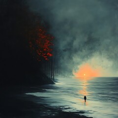 Fototapeta premium Serene Twilight Landscape with Misty Horizon and a Solitary Figure in Reflection by the Shore, Capturing Transient Beauty of Nature's Silent Moments