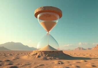 Massive hourglass standing on sandy desert during bright daylight