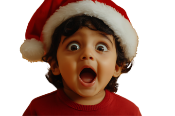 A surprised toddler wearing a Santa hat, with an excited expression, isolated on a transparent background.