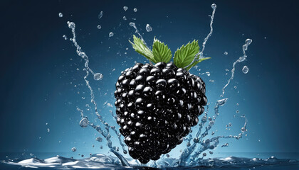 Blackberry splashing in water with vibrant green leaves in a dark background highlighting freshness