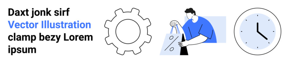 Gear symbol, person drawing on board, and clock icon. Ideal for productivity, efficiency, project planning, workshop, business training collaboration innovation. Landing page