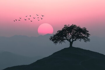 Majestic Sunrise over Misty Mountains with Solitary Tree and Birds