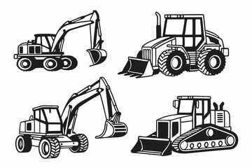 Heavy Equipment Icons: Excavators, Tractors, Bulldozers, Construction