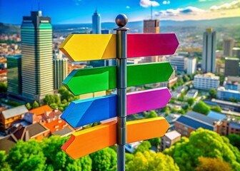 Colorful Directional Signpost Guiding Visitors in Vibrant Cityscape - Aerial View