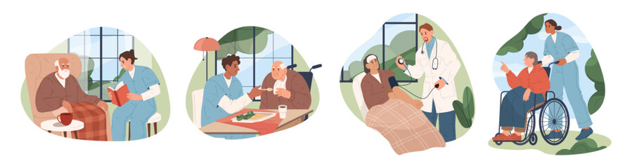 Vector set of elderly care illustration or cartoon nursery home clipart. Aged people support or old patient service. Convalescent, retirement facility attention. Feeding, reading, walking,medical aid.