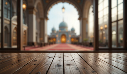 A grand mosque with a majestic dome and intricate details is framed by a doorway. A wooden tabletop extends into the foreground, offering a display surface.