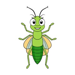 Cute Green Grasshopper Cartoon Illustration, Happy Insect