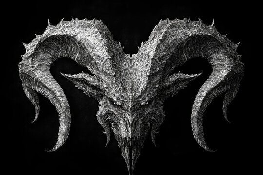 Monochrome illustration of a demonic ram skull with large horns, detailed textures, and dark background.