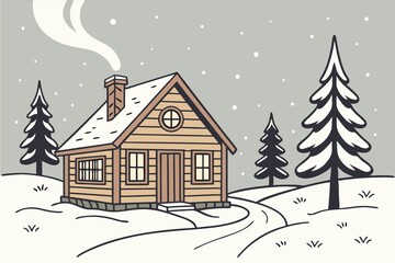 Cozy Wooden Cabin in Snowy Winter Landscape Illustration