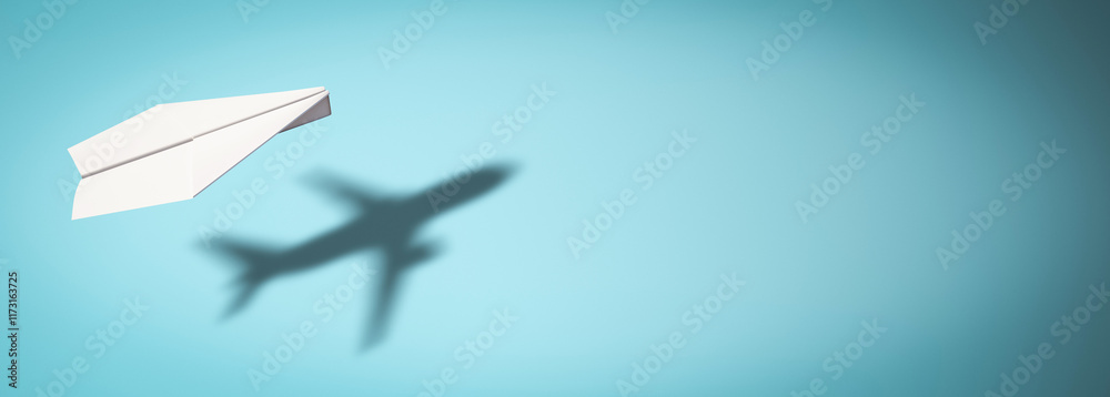 Aufkleber Paper plane with shadow of an airplane on a blue gradient background. 3D Rendering
