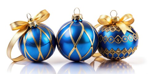 Festive holiday photography showcases blue Christmas ornaments elegantly tied with golden ribbons.