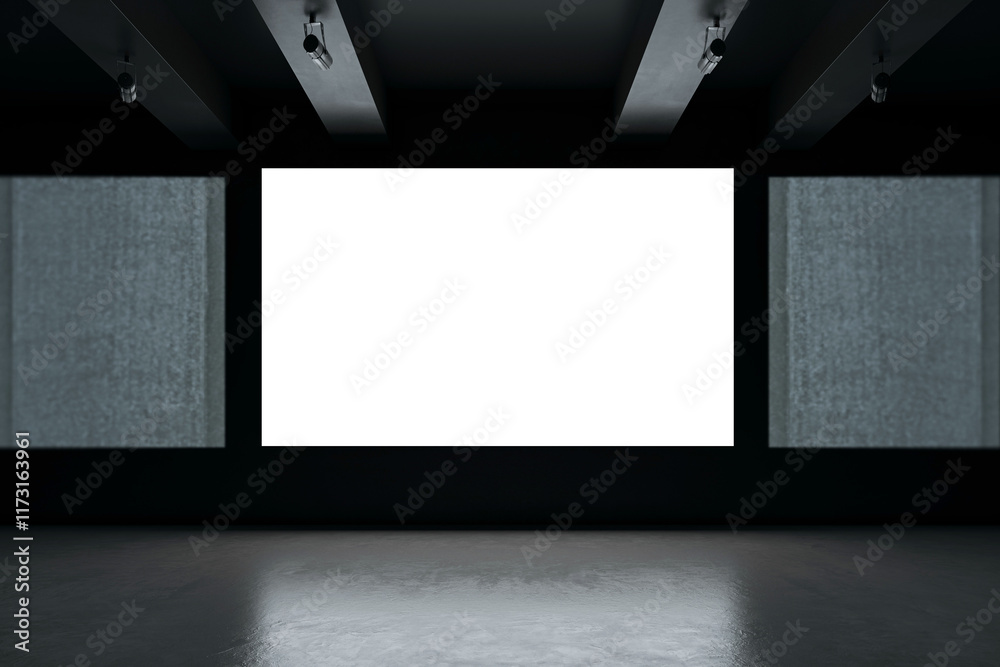 Aufkleber blank digital display screen in a modern dark exhibition hall with ceiling lights. 3d rendering