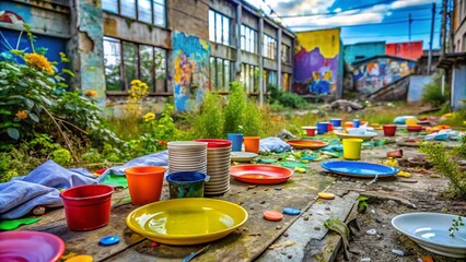 Fototapeta premium Colorful Plastic Picnic Tableware & Napkins - Urban Exploration Photography