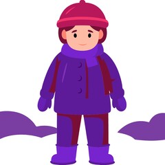 Cute Cartoon Girl in Winter Outfit, Purple and Pink Colors, Flat Design Illustration