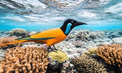 Bird stands on coral reef underwater, clear ocean water.