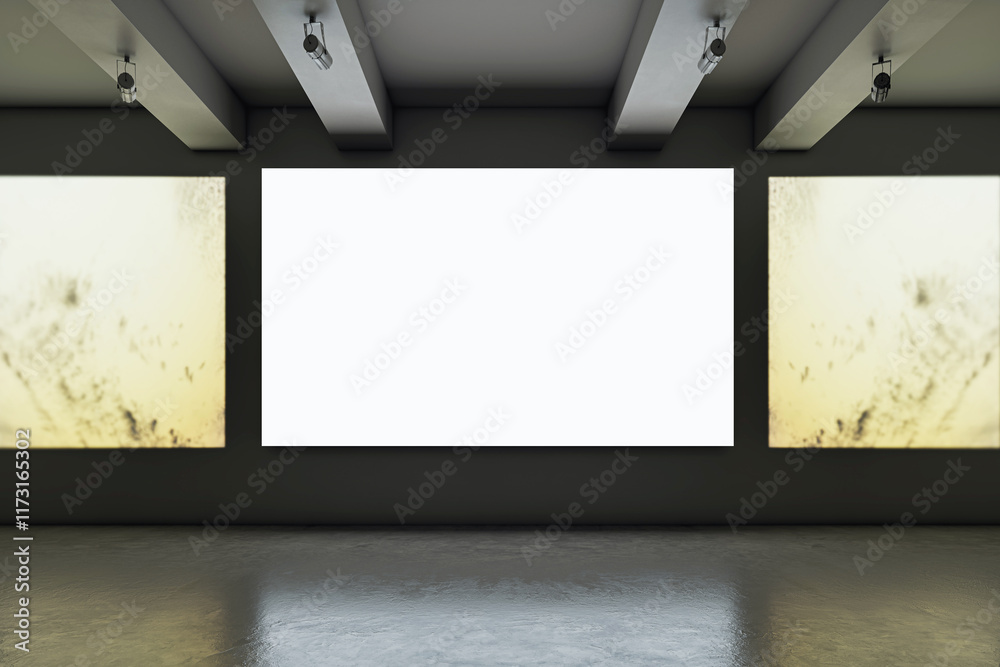 Poster Blank white digital display in a modern gallery room with dark walls and spotlights. 3D Rendering