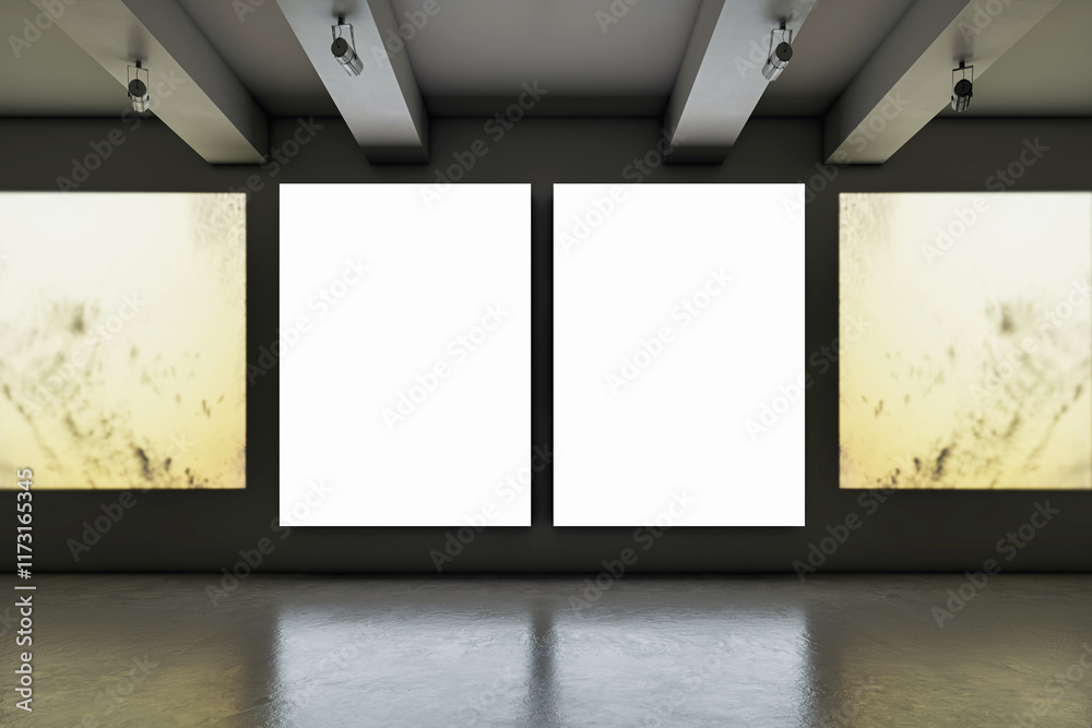 Poster blank screens and abstract art displays in a modern exhibition hall with dark walls and reflective f