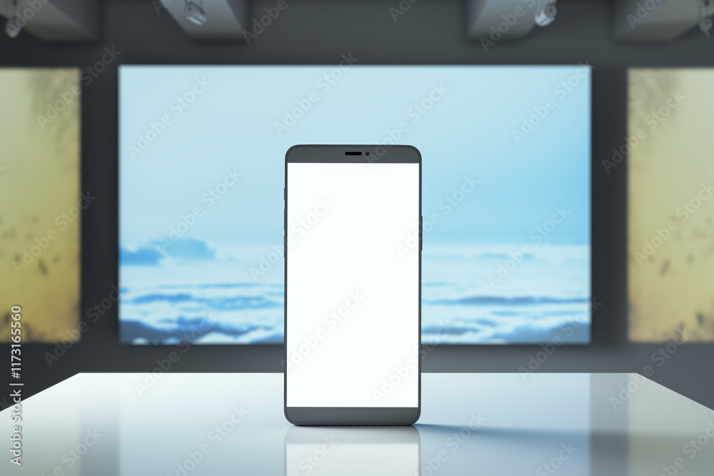 Poster smartphone with blank screen on reflective podium in modern interior setup. 3d rendering