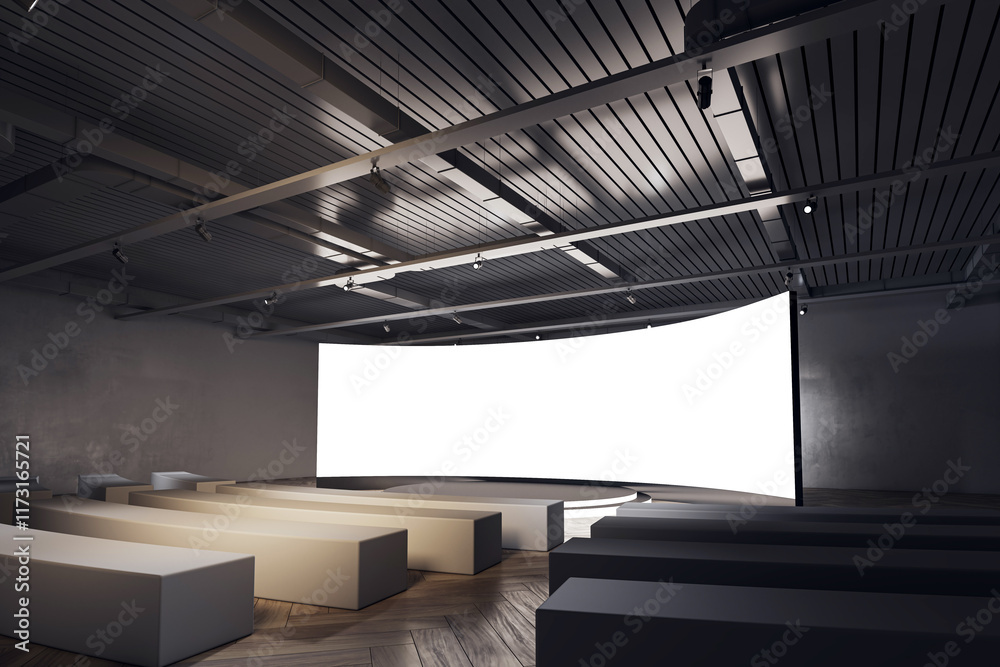 Poster Modern empty hall with curved blank display screen and minimalist seating arrangement, featuring a dark industrial ceiling design. 3D Rendering