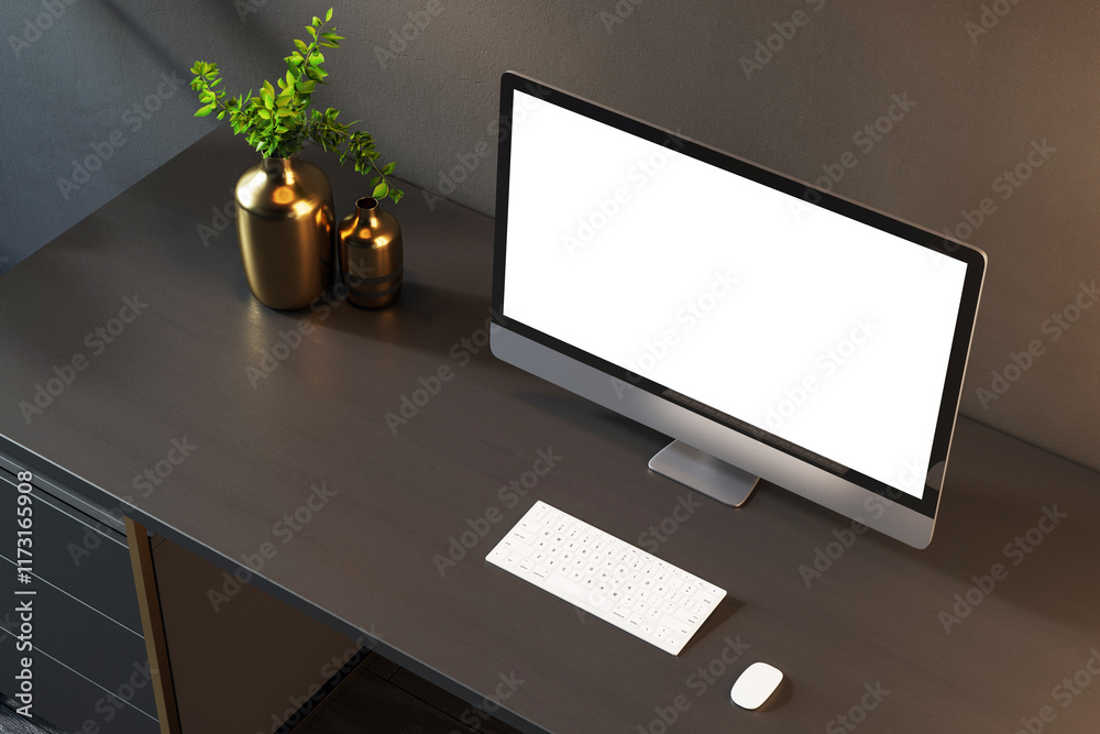 Poster Close-up of a modern desktop computer with a blank display on a sleek wooden desk with accessories in an elegant office setting. 3D Rendering