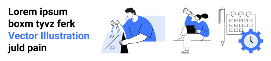 Icons of shopping with a percentage sign on a bag, a person working on a laptop, and a calendar with clock and gear. Ideal for productivity, time management, business, e-commerce, work-life balance