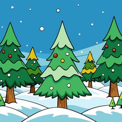 Fototapeta premium Cartoon Christmas Trees Snowy Landscape Winter Holiday Scene