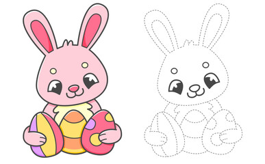 Trace and color coloring book with pink rabbit with Easter eggs for kids. Coloring page with cartoon bunny. Vector illustration.