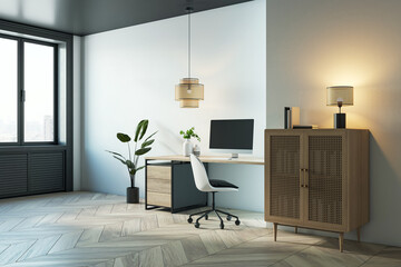 Modern home workspace with desk and computer setup, cozy minimalist design, featuring natural elements and wood furniture in bright interior. 3D Rendering