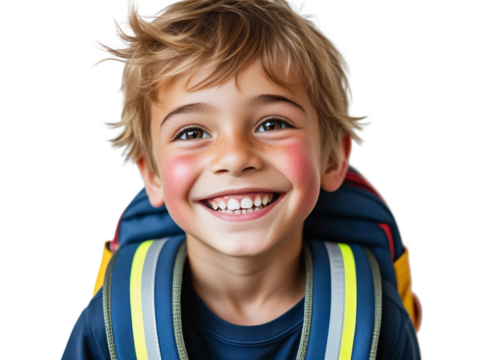 Portrait smiling boy with backpack isolated on white background - Powered by Adobe