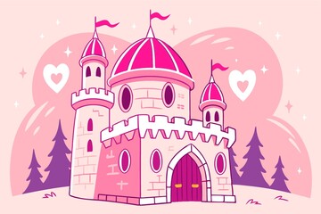 Pink Princess Castle Illustration, Fairytale Cartoon, Cute