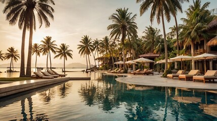Tropical Paradise Resort: Sunset views over a tranquil infinity pool nestled amongst lush palm trees at a luxurious beachfront resort.  Escape to paradise. 