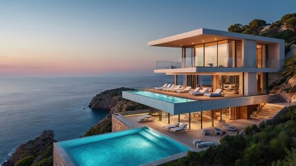 Fototapeta premium Modern Cliffside Villa: Luxurious waterfront living at its finest, with a stunning modern villa perched atop a cliff overlooking the serene Mediterranean Sea. Picture-perfect sunsets, infinity pool.