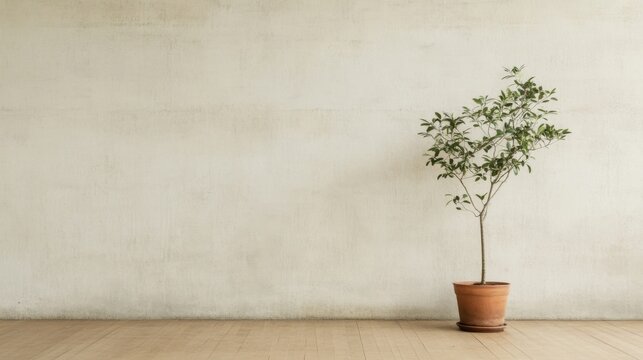Small potted tree against a textured wall.