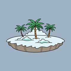 Tropical Island in Winter: Cartoon Illustration of Palm Trees on a Snowy Island