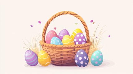 Colorful Easter Eggs in a Decorative Basket Surrounded by Grass for Spring Holiday Celebrations and Festive Decor Inspirations