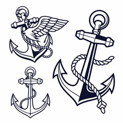 Three Nautical Anchors with Rope and Wings Design Elements