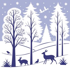 Winter Wonderland Silhouette: Deer, Trees, Birds, Snow