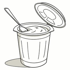 Yogurt in a Disposable Cup with Spoon, Line Art Illustration