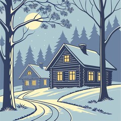 Snowy Winter Night in Cozy Log Cabin Village Scene