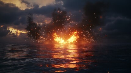 Obraz premium A dramatic explosion on the water's surface, emitting sparks and smoke against a cloudy sky.