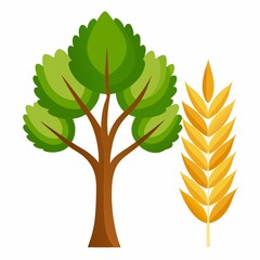 Green Tree and Golden Wheat Ear Illustration, Nature