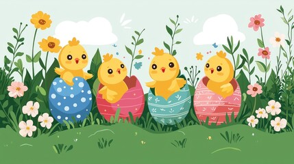 Adorable Baby Chicks Emerging from Colorful Eggs Surrounded by Flowers and Greenery in a Cheerful Spring Landscape for Joyful Easter Celebrations