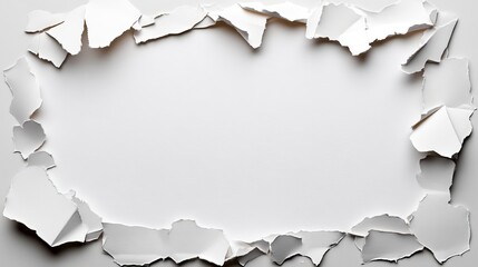Ripped Paper Frame: A stark and minimalist composition featuring a rectangular frame formed by ripped pieces of white paper, creating a dramatic and abstract backdrop.
